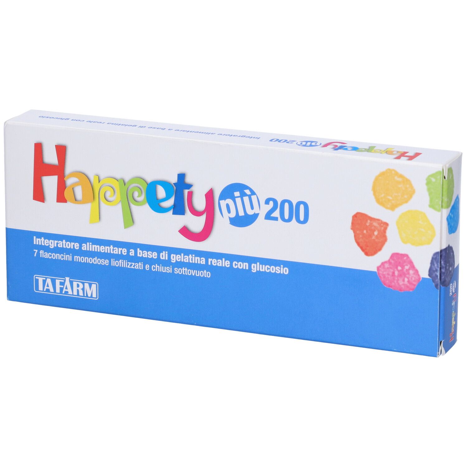 Scatola Happety piu 200. Confezione blu e bianca con caramelle gommose colorate. Testo: '7 flaconcini'.