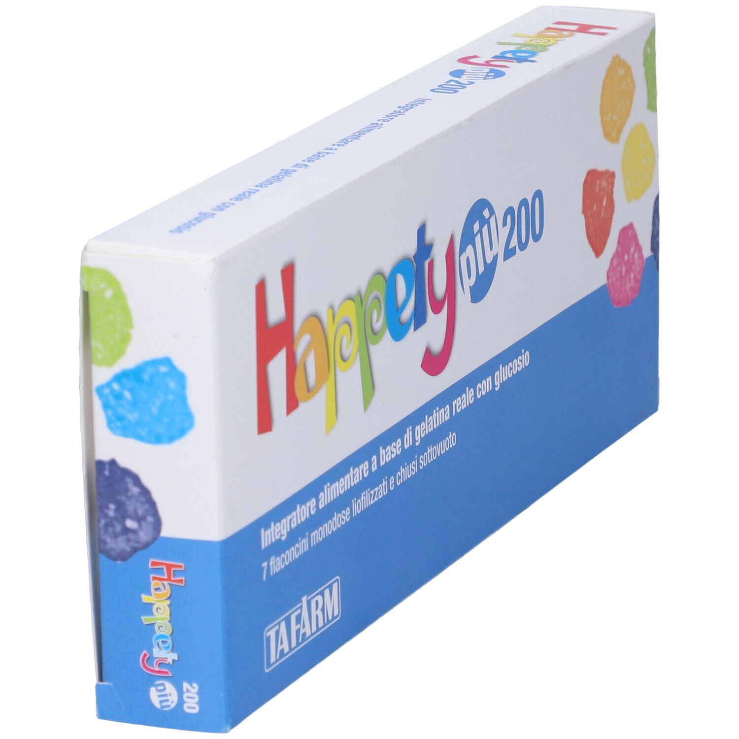 Scatola Happety piu 200, in diagonale. Confezione blu e bianca con caramelle gommose colorate. Testo: '7 flaconcini'.