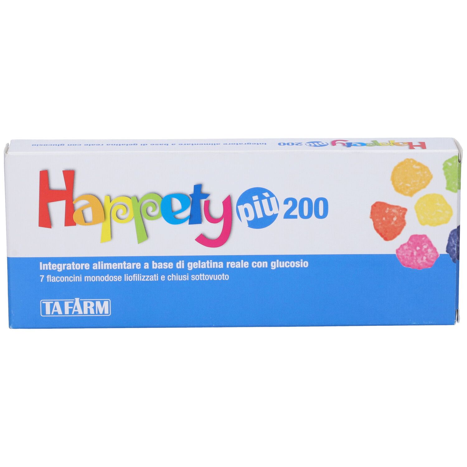 Scatola Happety piu 200. Confezione blu e bianca con caramelle gommose colorate. Testo: '7 flaconcini'.