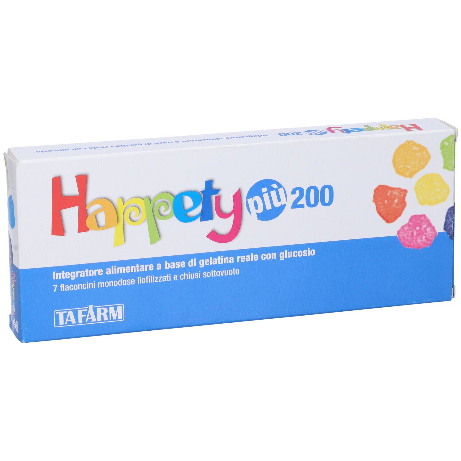 Scatola Happety piu 200, leggermente in diagonale. Confezione blu e bianca con caramelle gommose colorate. Testo: '7 flaconcini'.
