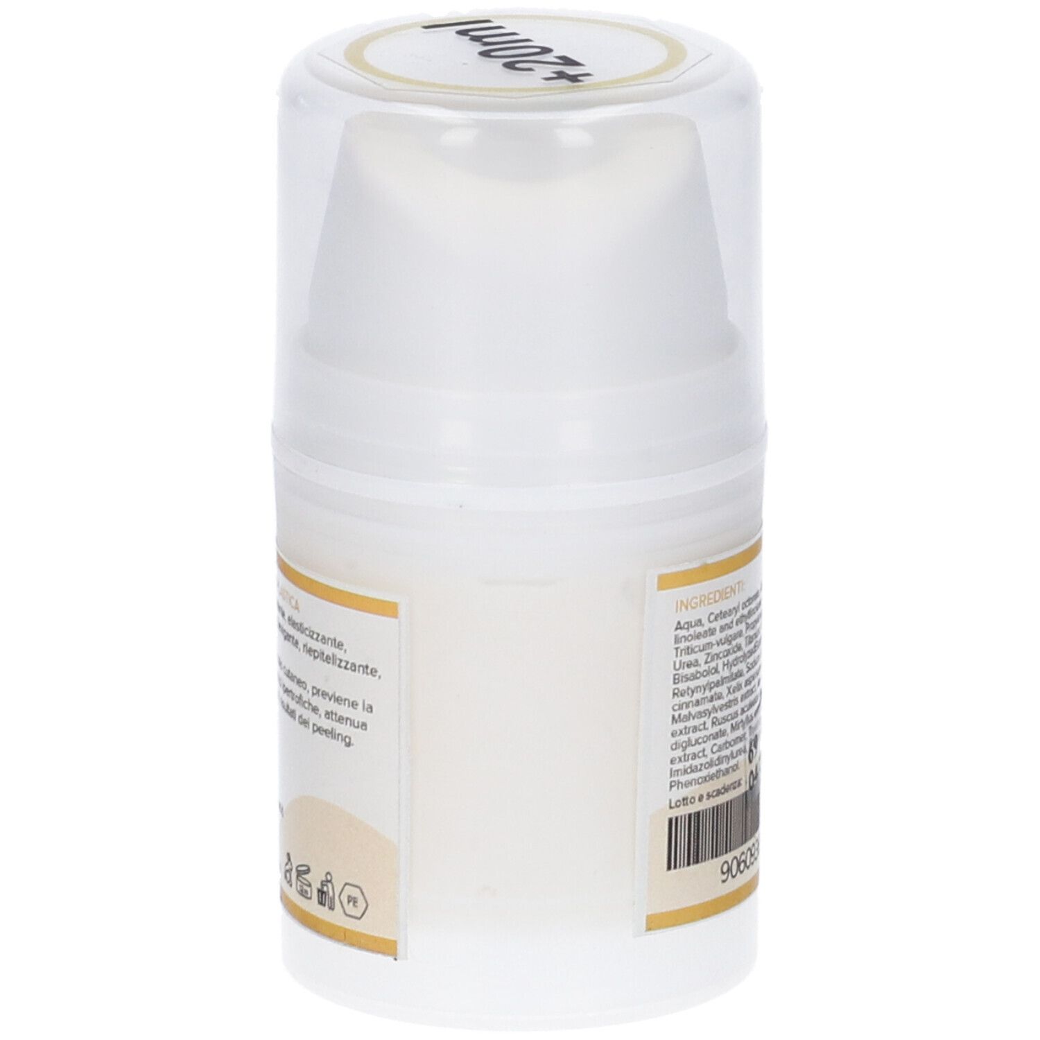 Flacone di crema bianco con coperchio trasparente. Etichetta con testo. Scritta: +20ml.