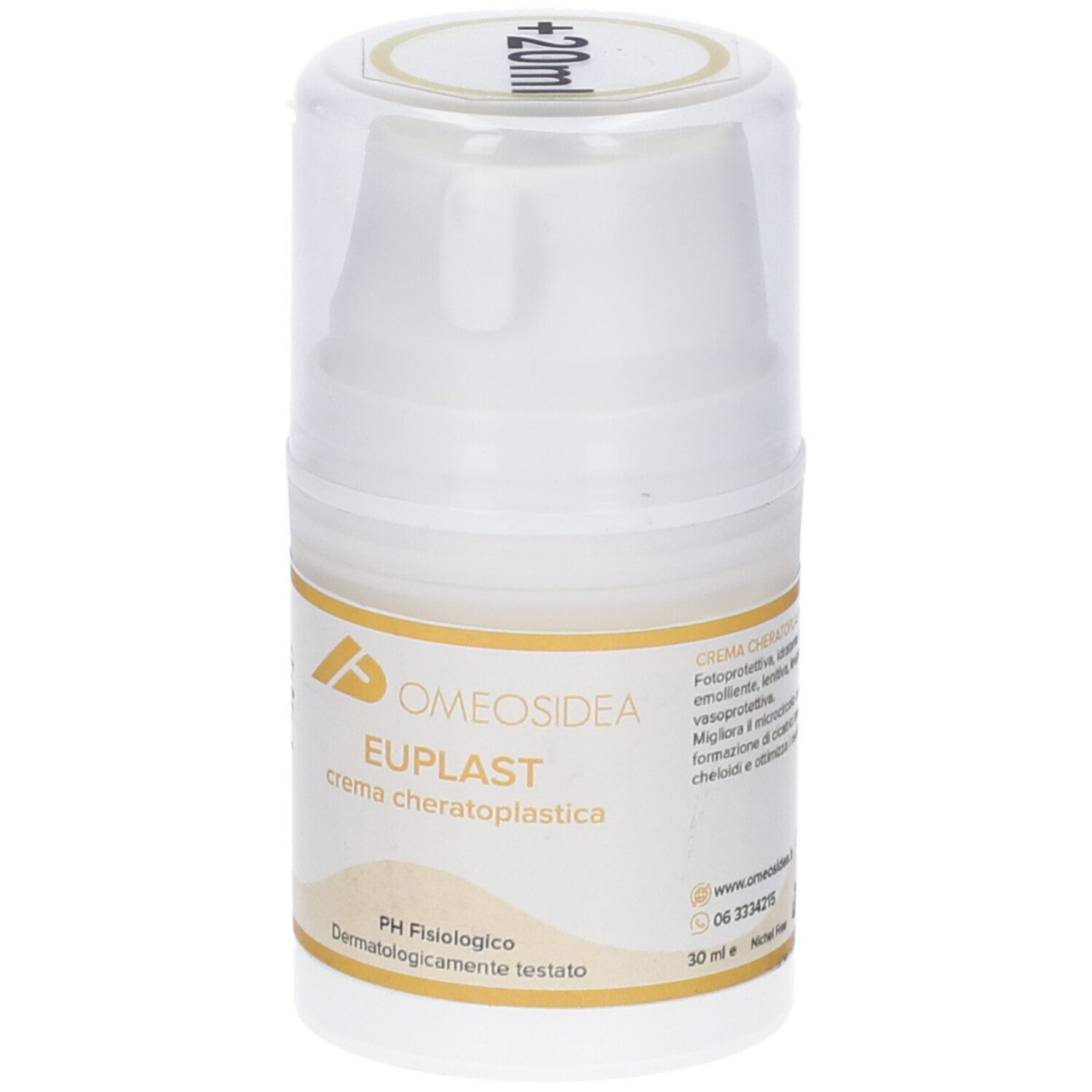 Flacone di crema bianco con coperchio trasparente. Scritta: EUPLAST crema cheratoplastica. PH Fisiologico. 30 ml.