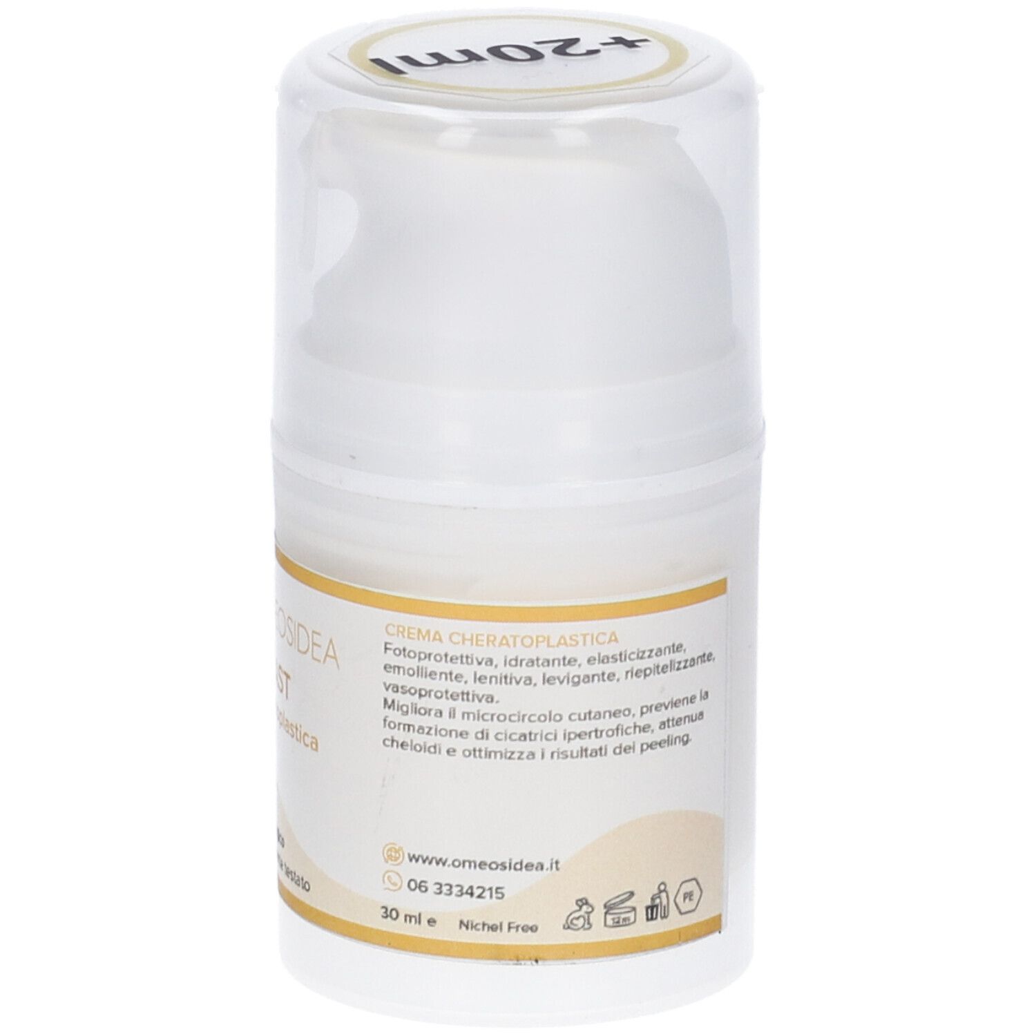 Flacone di crema bianco con coperchio trasparente. Scritta: EUPLAST crema cheratoplastica. 30 ml. Nickel Free.
