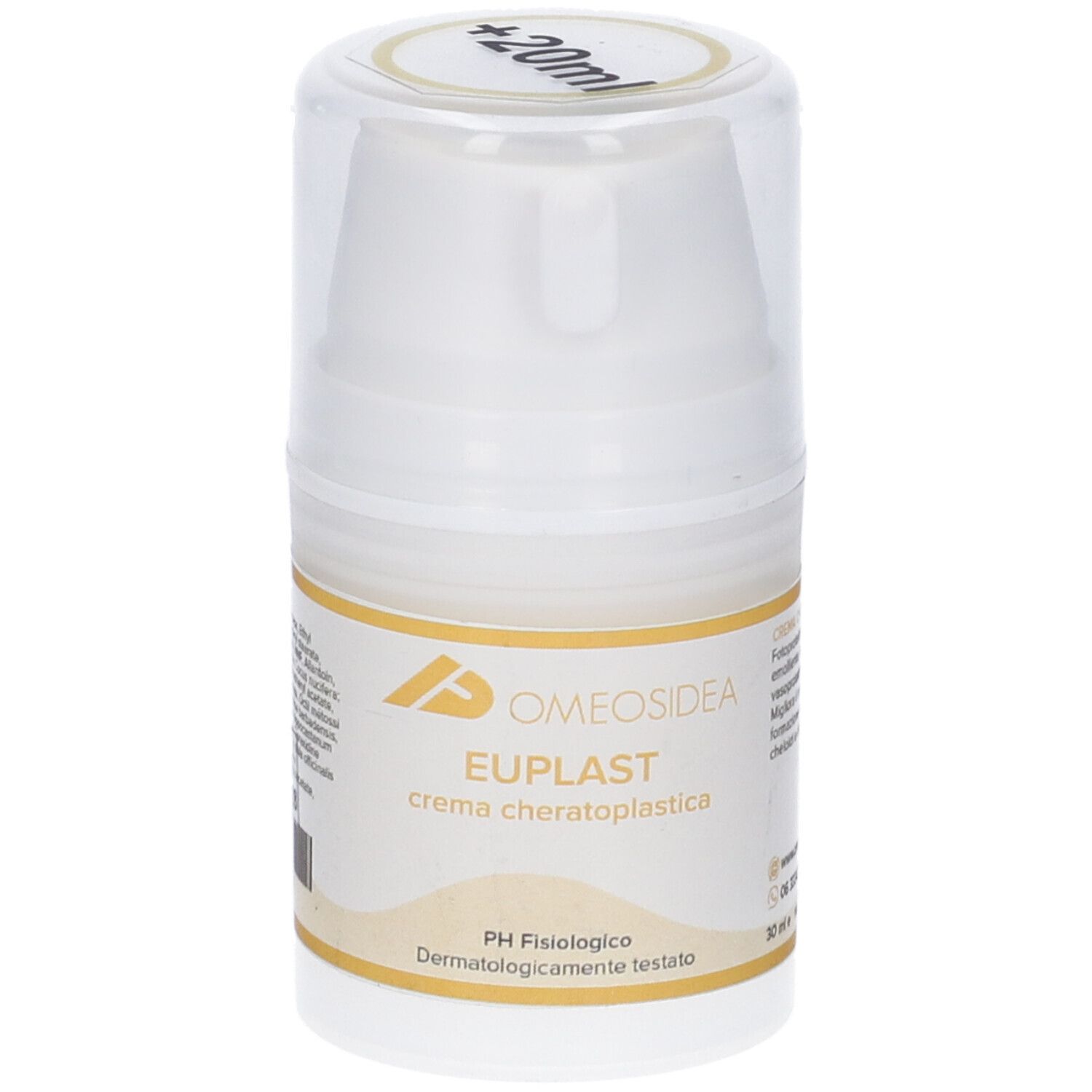 Flacone di crema bianco con coperchio trasparente. Scritta: EUPLAST crema cheratoplastica. PH Fisiologico. 30 ml.