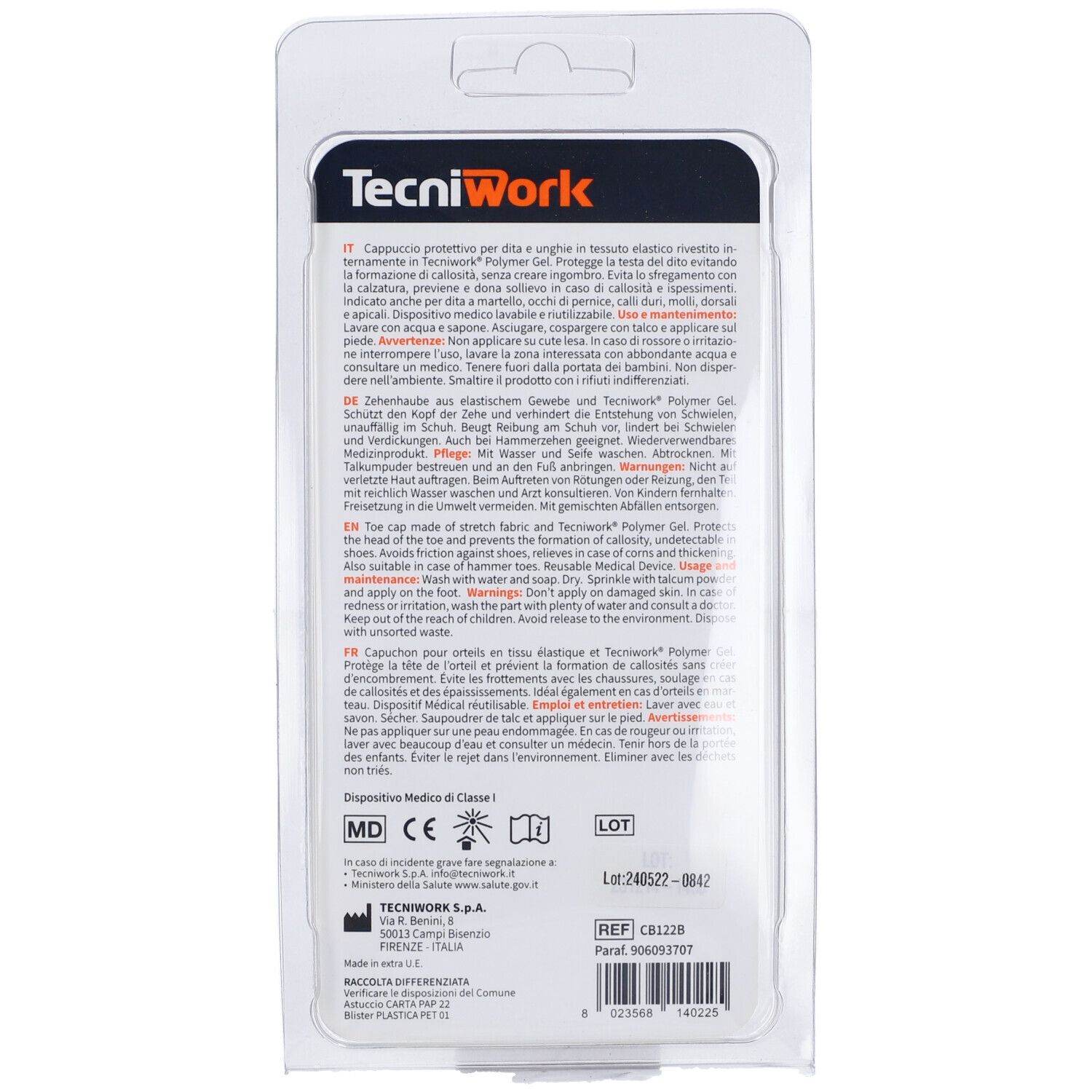 Retro confezione Tecniwork Biogel. Testo multilingue. Dispositivo medico. Marchio CE. Numero di lotto e riferimento.
