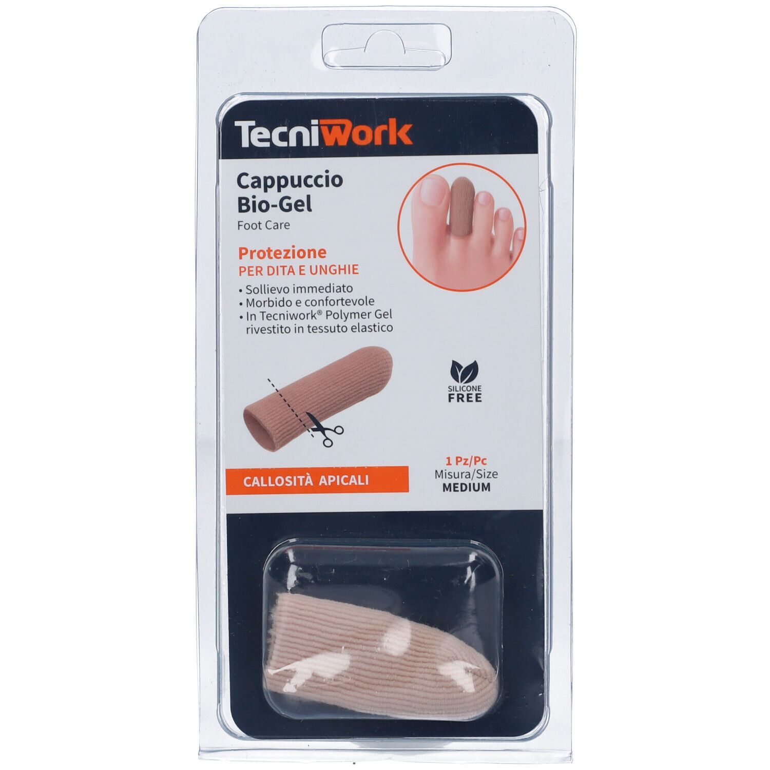 Tecniwork Biogel Cappuccio, protezione dita in blister. Beige, cilindrico. Scritte: marchio, nome prodotto, taglia Medium.