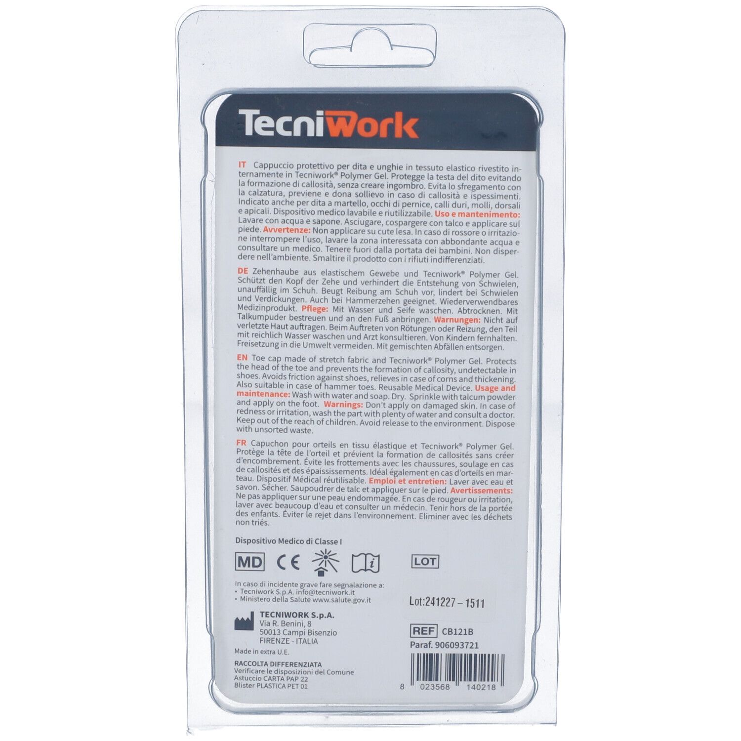 Retro confezione Tecniwork Biogel Cappuccio. Testo multilingue. Marchio, informazioni prodotto, marcatura CE.