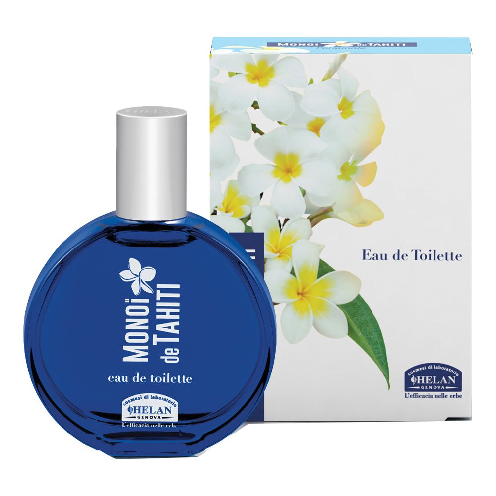 Flacone blu rotondo di Eau de Toilette con tappo argentato. Scritta: MONOI de TAHITI, Eau de Toilette, HELAN.