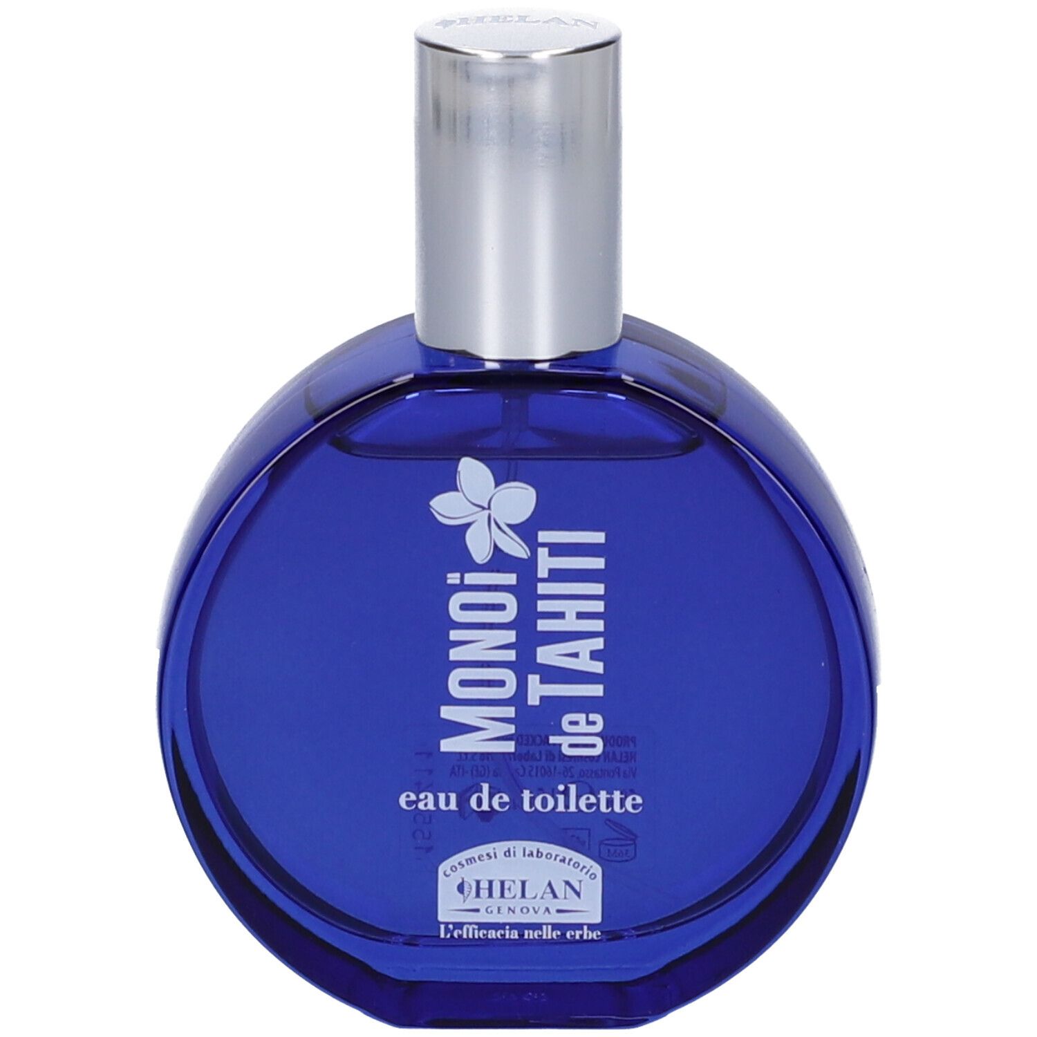 Flacone blu rotondo di Eau de Toilette con tappo argentato. Scritta: MONOI de TAHITI, Eau de Toilette, HELAN.