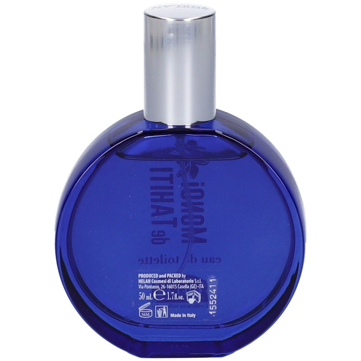 Flacone blu rotondo di Eau de Toilette con tappo argentato. Scritta: MONOI de TAHITI, Eau de Toilette, HELAN.