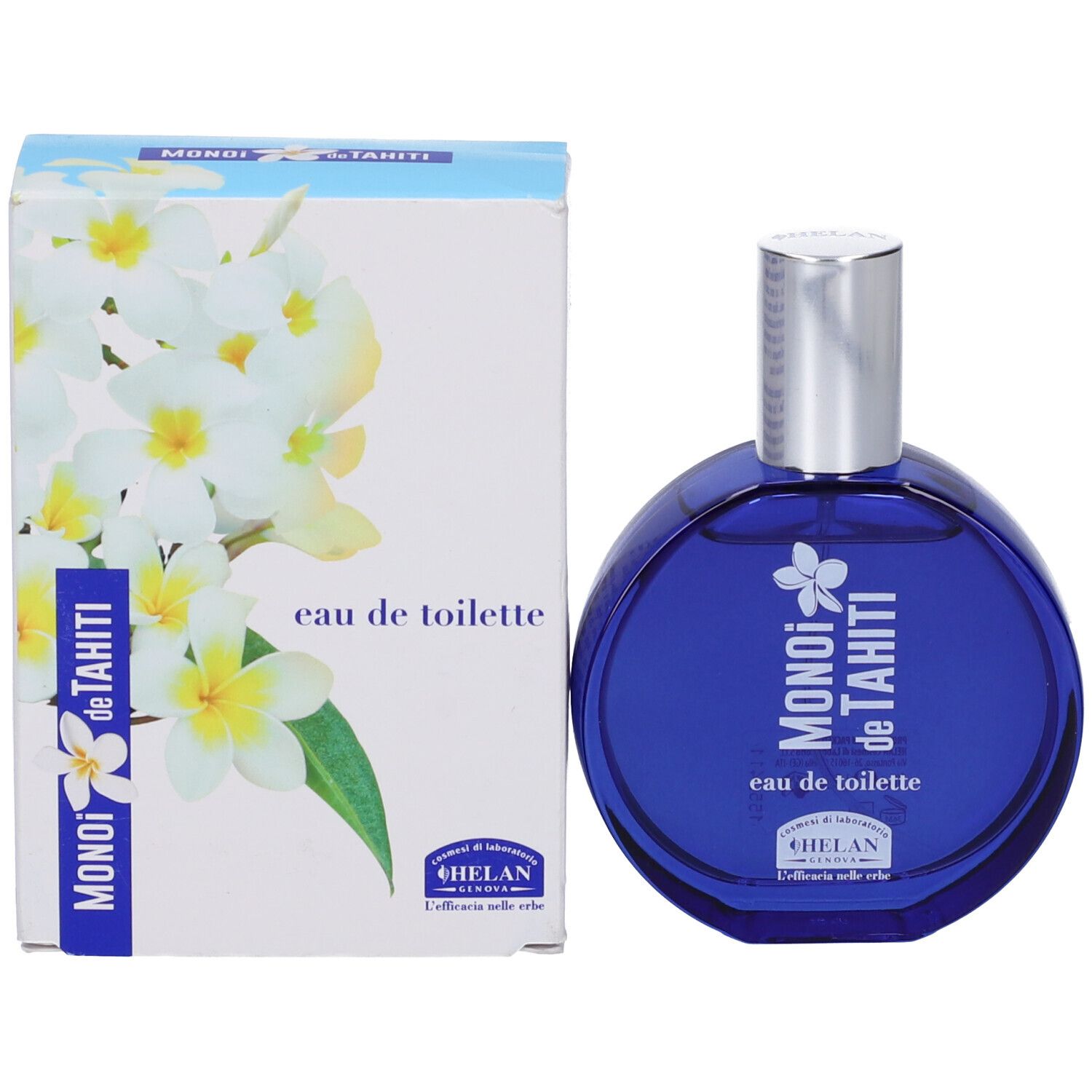 Flacone blu rotondo di Eau de Toilette con tappo argentato. Scritta: MONOI de TAHITI, Eau de Toilette, HELAN.
