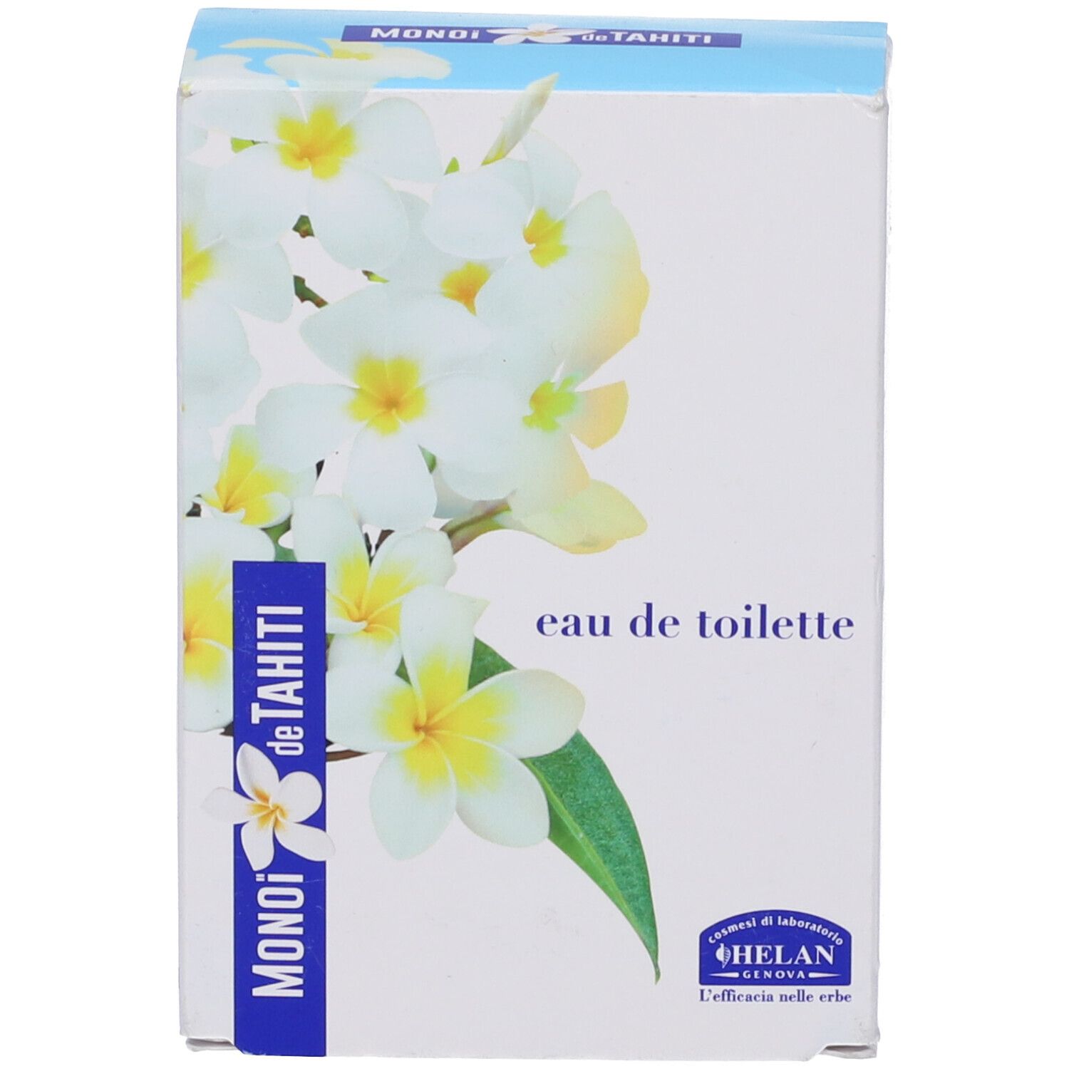Confezione con fiori bianchi e scritta: MONOI de TAHITI, Eau de Toilette, HELAN.
