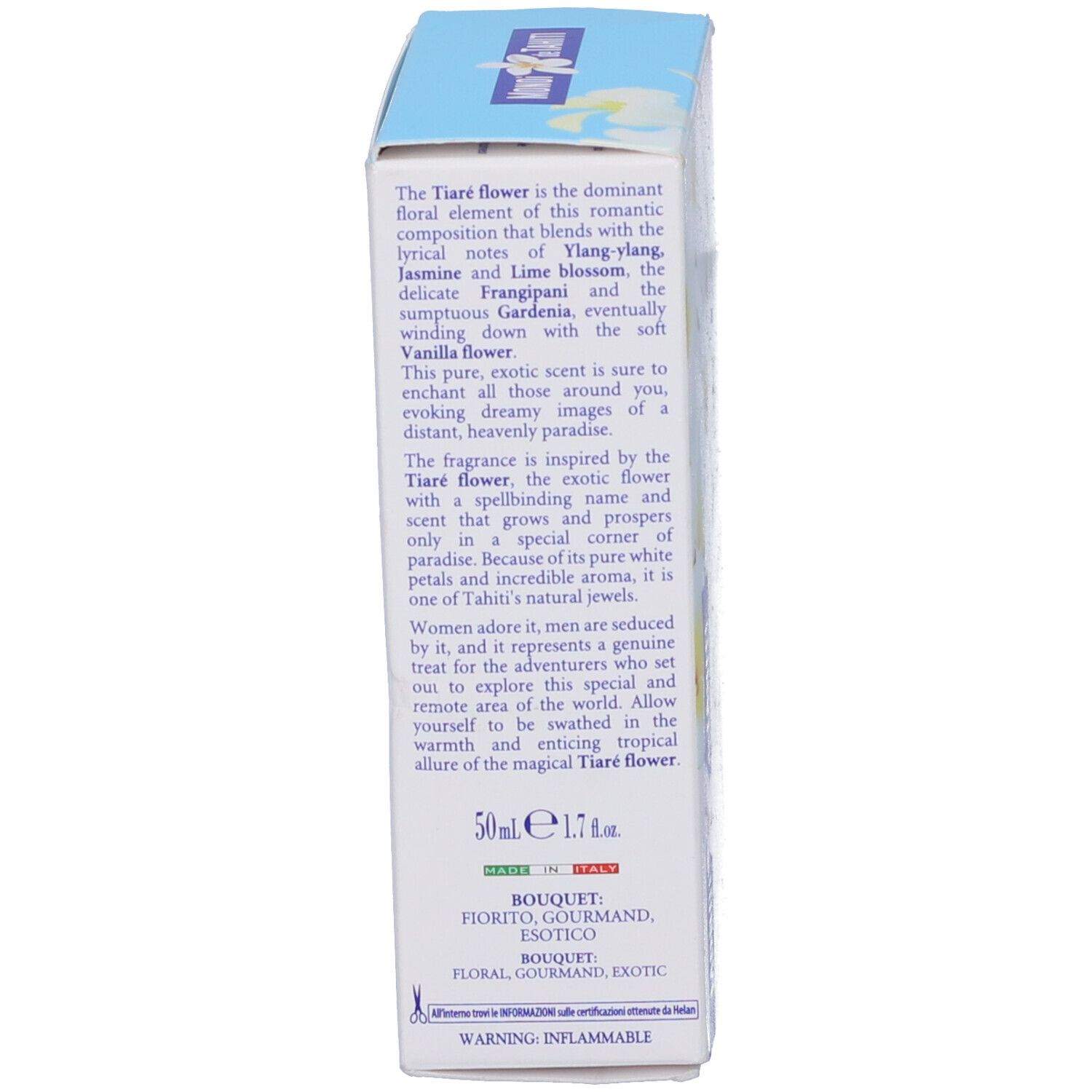 Confezione con testo sulle note, ingredienti e avvertenze. 50ml, Made in Italy.