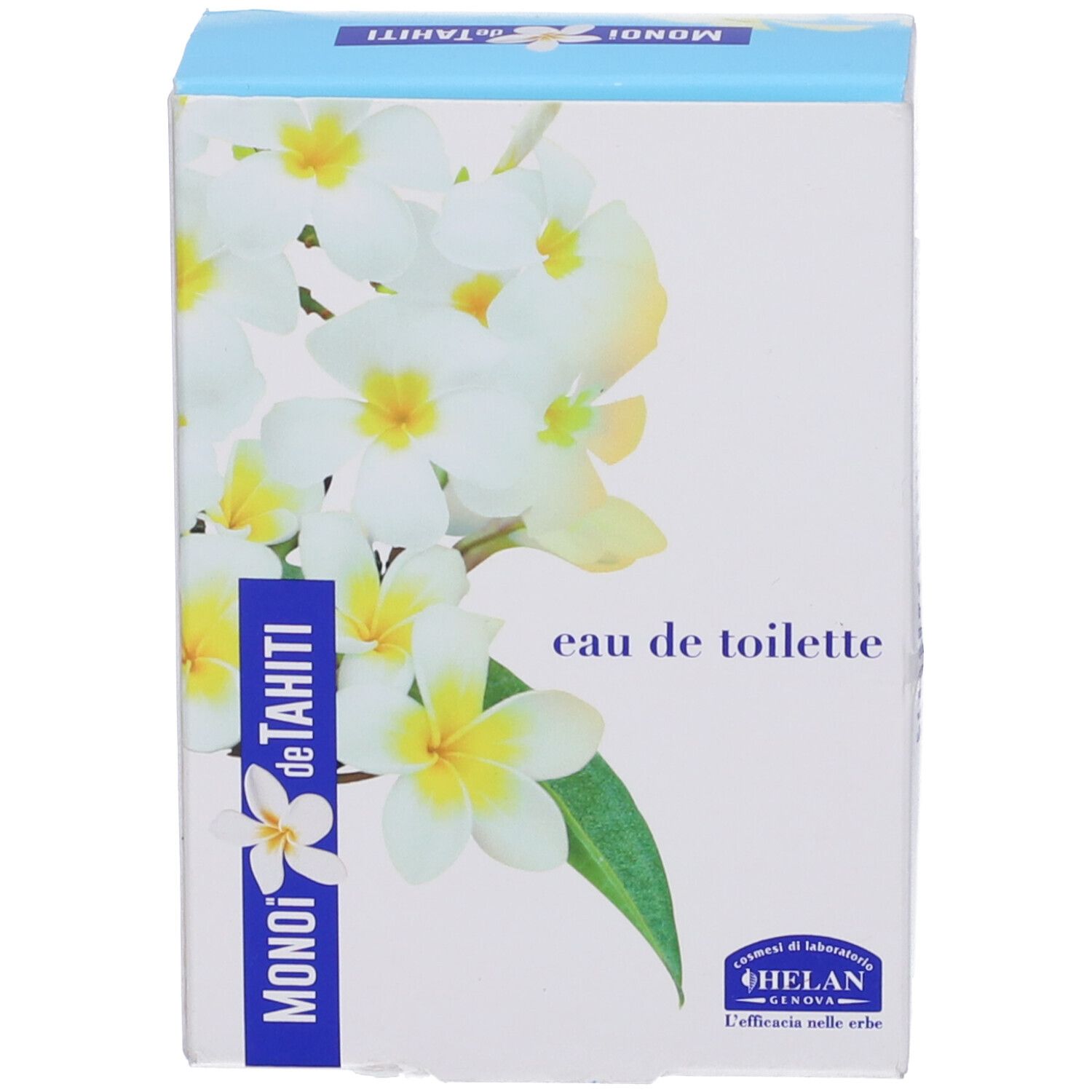 Confezione con fiori bianchi e scritta: MONOI de TAHITI, Eau de Toilette, HELAN.