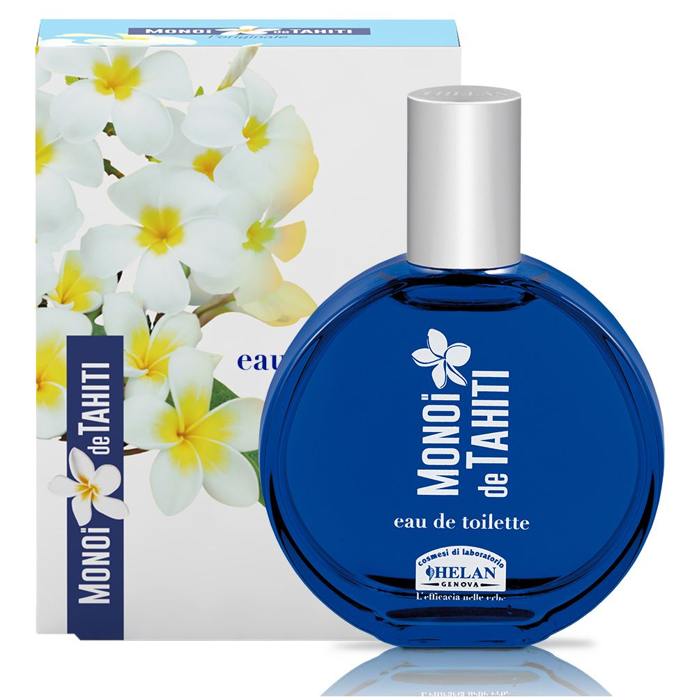 Flacone blu e confezione. Scritta: MONOI de TAHITI, eau de toilette. Logo: fiore. Confezione con fiori.