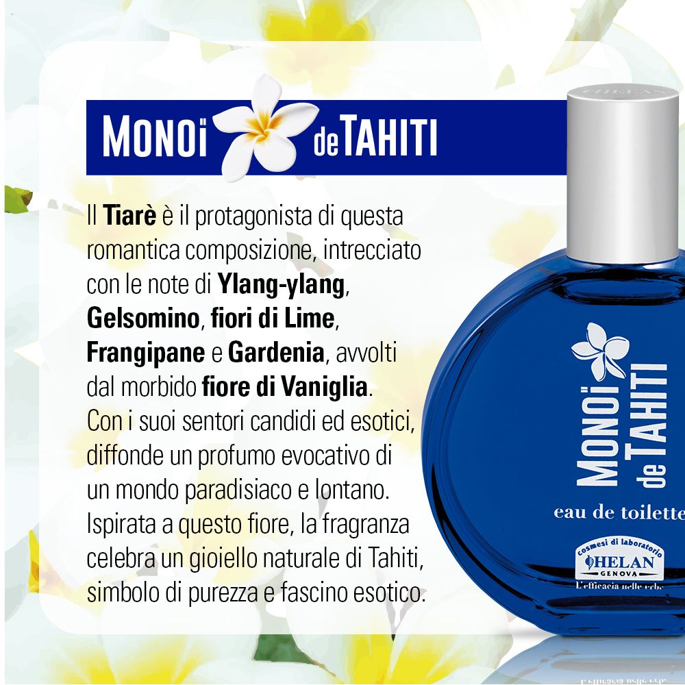 Flacone blu con testo. Testo: MONOI de TAHITI, eau de toilette. Logo: fiore. Testo sulle note.