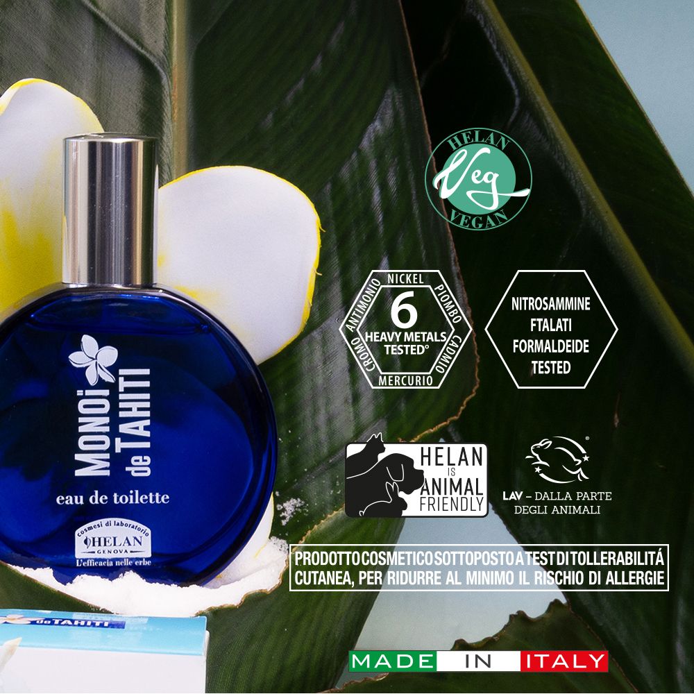 Flacone blu con testo e loghi. Testo: MONOI de TAHITI, eau de toilette. Loghi: Vegan, Animal Friendly.
