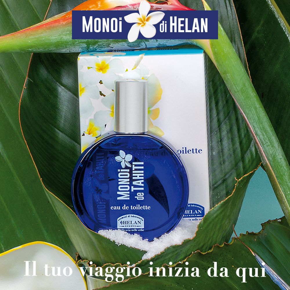 Flacone blu e confezione con fiori. Testo: MONOI de TAHITI, eau de toilette. Logo: fiore. Testo: Il tuo viaggio inizia da qui.