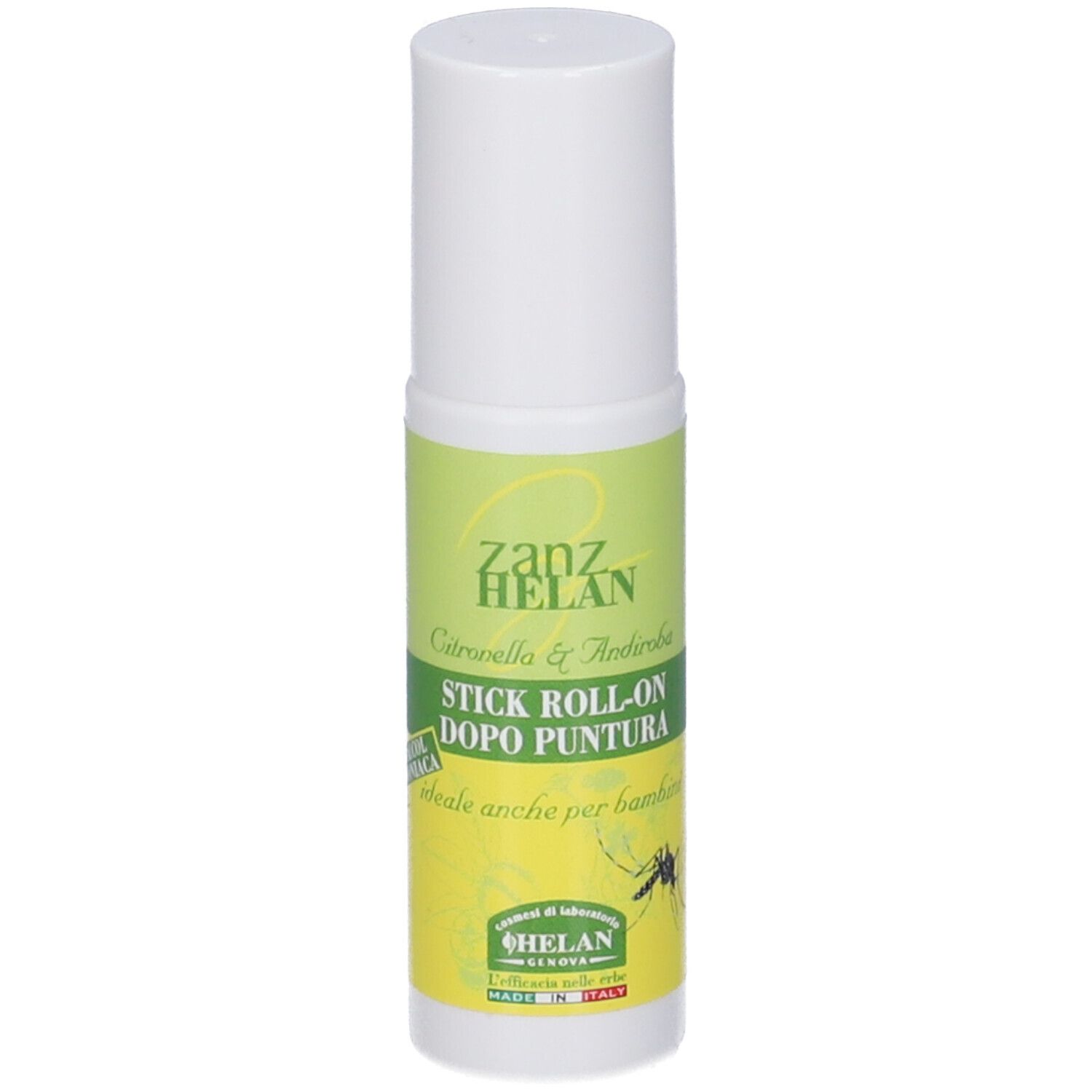 Stick Roll-on Zanzhelan. Stick roll-on bianco con etichette verdi e gialle. Testo: Zanzhelan, Stick Roll-on Dopo Puntura.