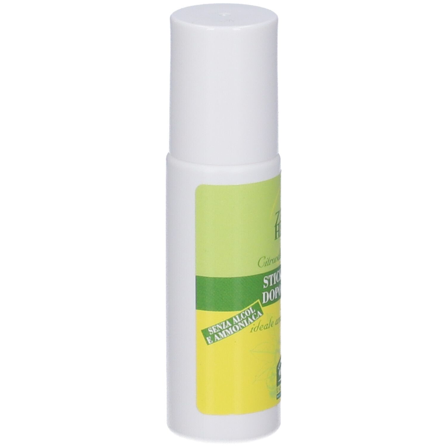 Stick Roll-on Zanzhelan. Stick roll-on bianco con etichette verdi e gialle. Testo: Zanzhelan, Stick Roll-on Dopo Puntura.