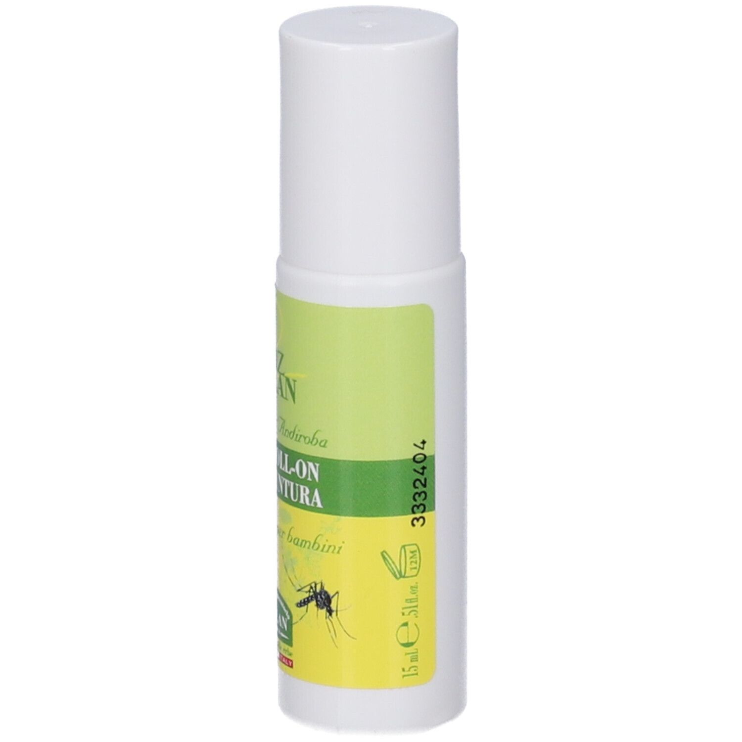 Stick Roll-on Zanzhelan. Stick roll-on bianco con etichette verdi e gialle. Testo: Zanzhelan, Stick Roll-on Dopo Puntura.