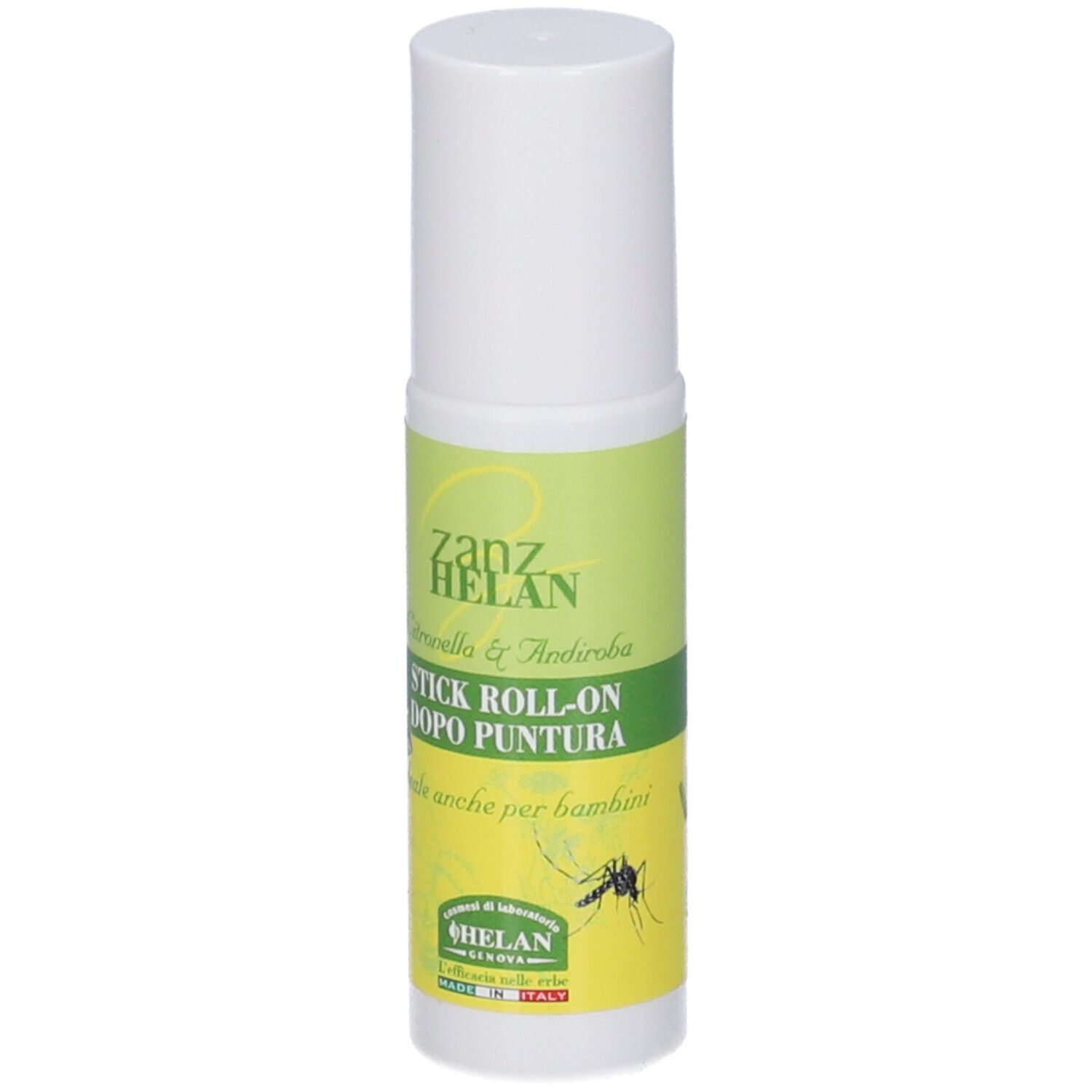 Stick Roll-on Zanzhelan. Stick roll-on bianco con etichette verdi e gialle. Testo: Zanzhelan, Stick Roll-on Dopo Puntura.