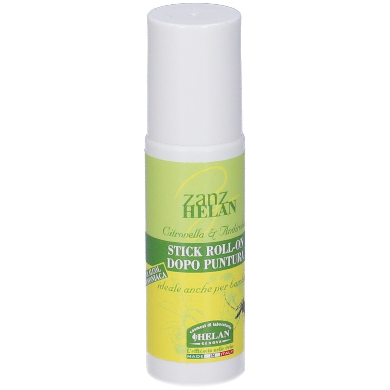 Stick Roll-on Zanzhelan con confezione. Roll-on e scatola con etichette verdi e gialle. Testo: Zanzhelan, Stick Roll-on Dopo Puntura.