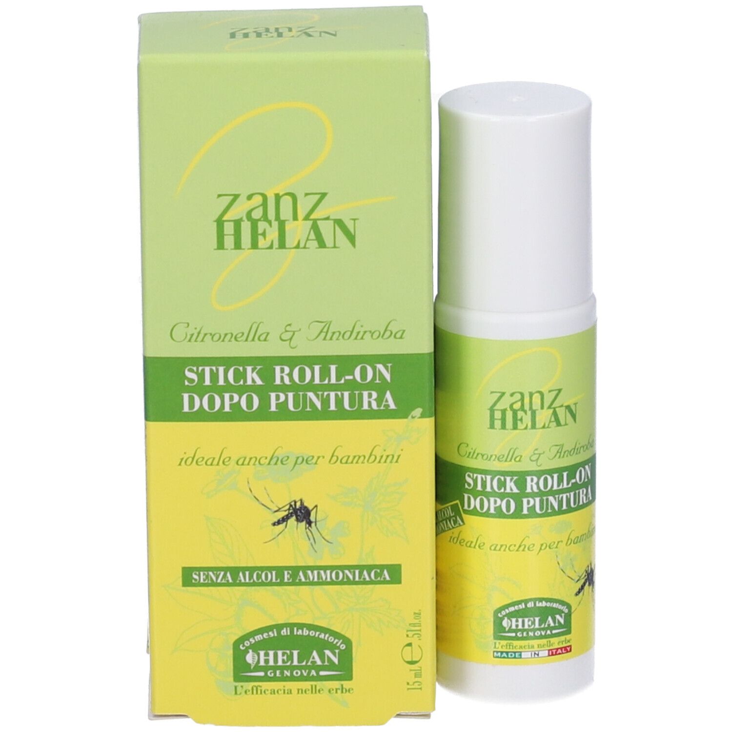 Stick Roll-on Zanzhelan con confezione. Scatola con etichette verdi e gialle. Testo: Zanzhelan, Stick Roll-on Dopo Puntura.
