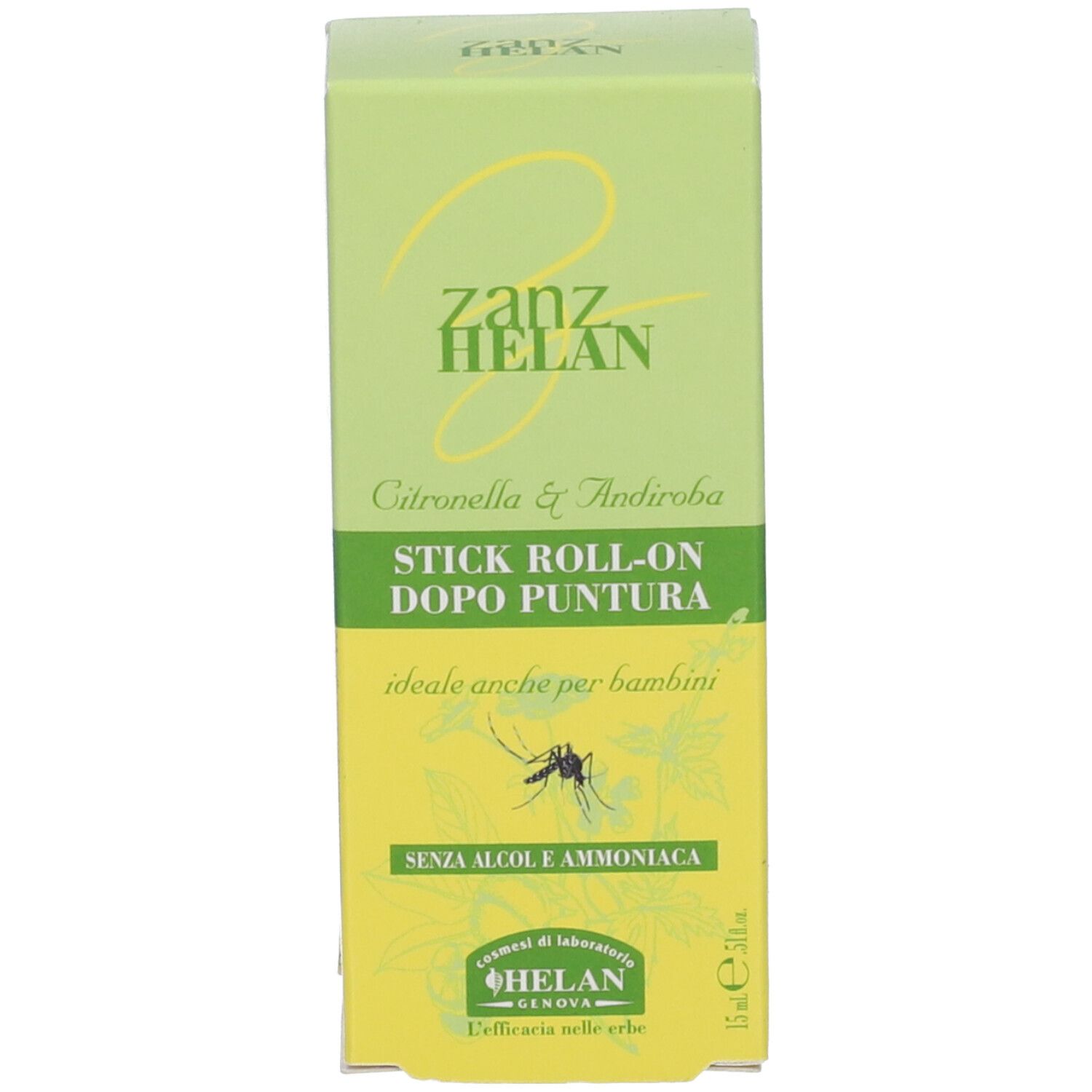 Stick Roll-on Zanzhelan. Stick roll-on bianco con etichette verdi e gialle. Testo: Zanzhelan, Stick Roll-on Dopo Puntura.