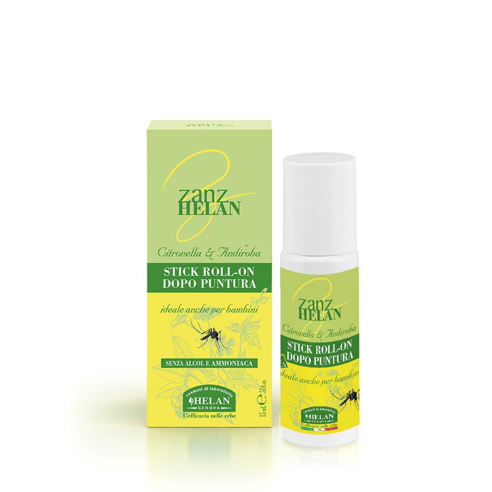 Stick Roll-on Zanzhelan con confezione. Roll-on e scatola con etichette verdi e gialle. Testo: Zanzhelan, Stick Roll-on Dopo Puntura.