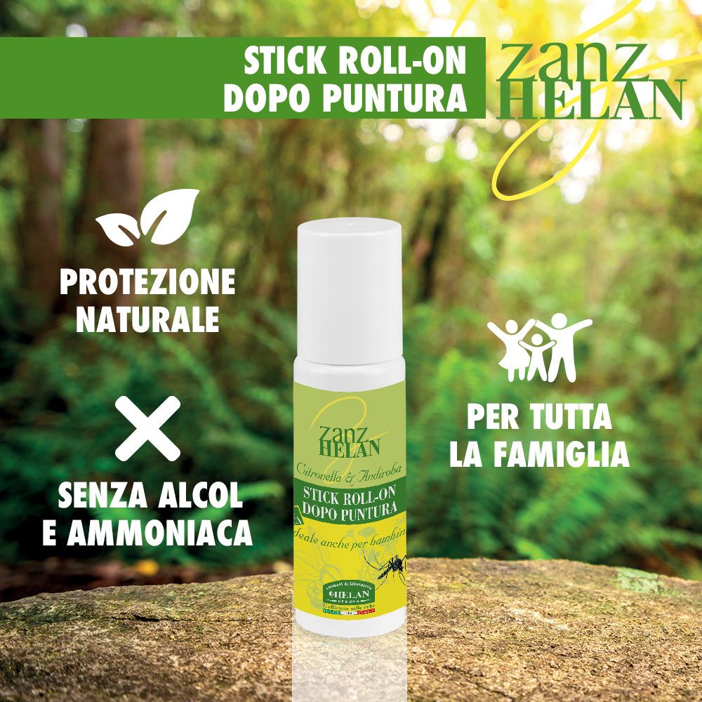 Stick Roll-on Zanzhelan. Roll-on su una pietra. Testo: Zanzhelan, Stick Roll-on Dopo Puntura. Sfondo: foresta.