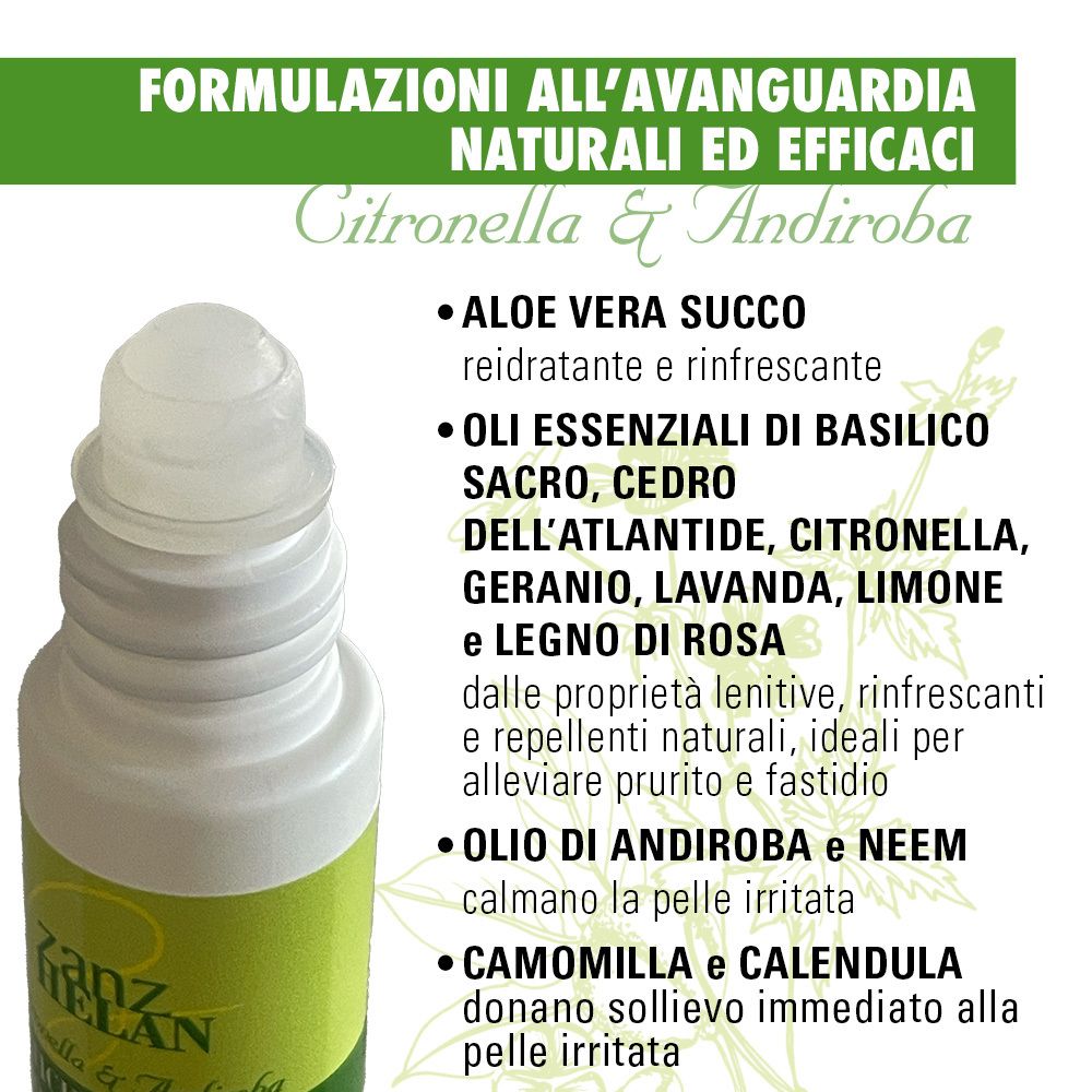 Stick Roll-on Zanzhelan. Primo piano. Testo: Aloe Vera, oli, camomilla. Roll-on con ingredienti.