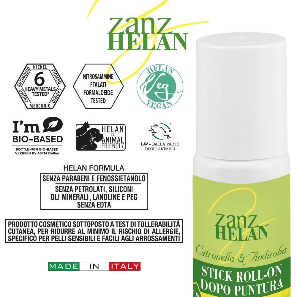 Stick Roll-on Zanzhelan. Testo: Vegano, Bio, Made in Italy. Roll-on con certificazioni.