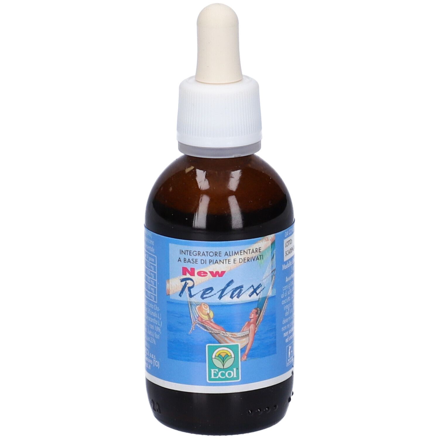Flacone di vetro marrone con tappo bianco e contagocce. Etichetta blu con nome e logo del prodotto.