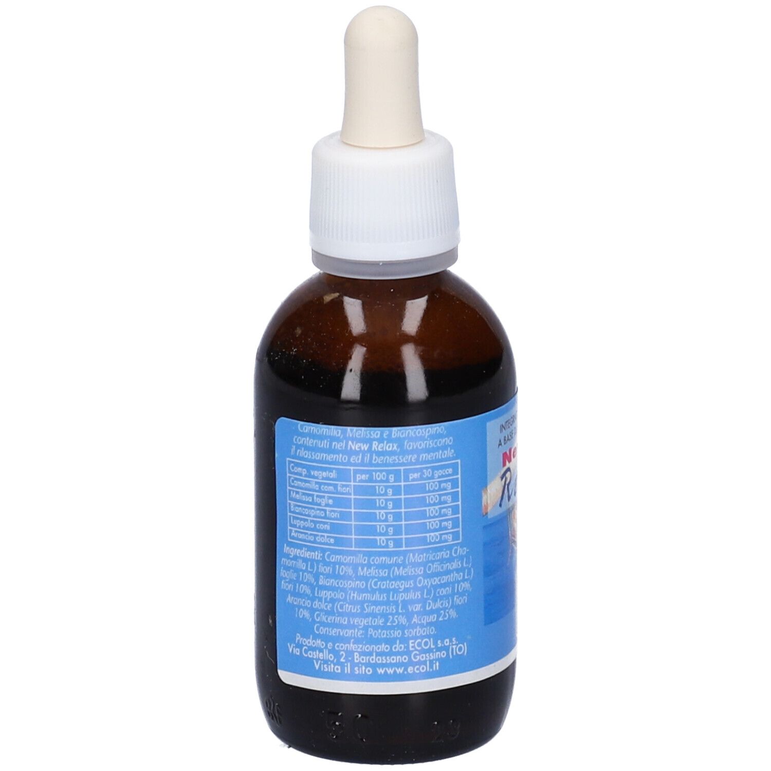 Vista posteriore del flacone di vetro marrone con tappo bianco. Etichetta blu con ingredienti e informazioni nutrizionali.