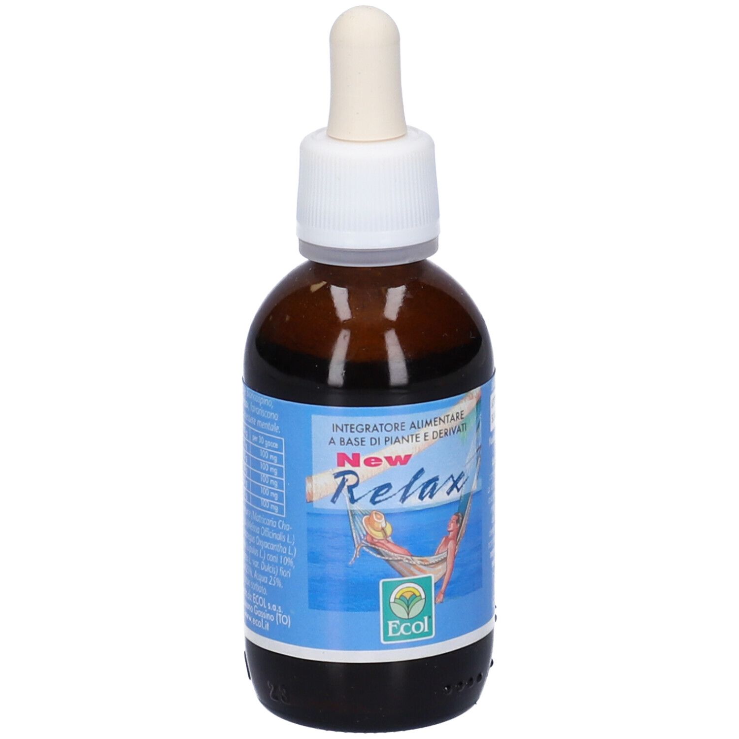 Flacone di vetro marrone con tappo bianco. Etichetta blu con nome del prodotto, logo e testo.