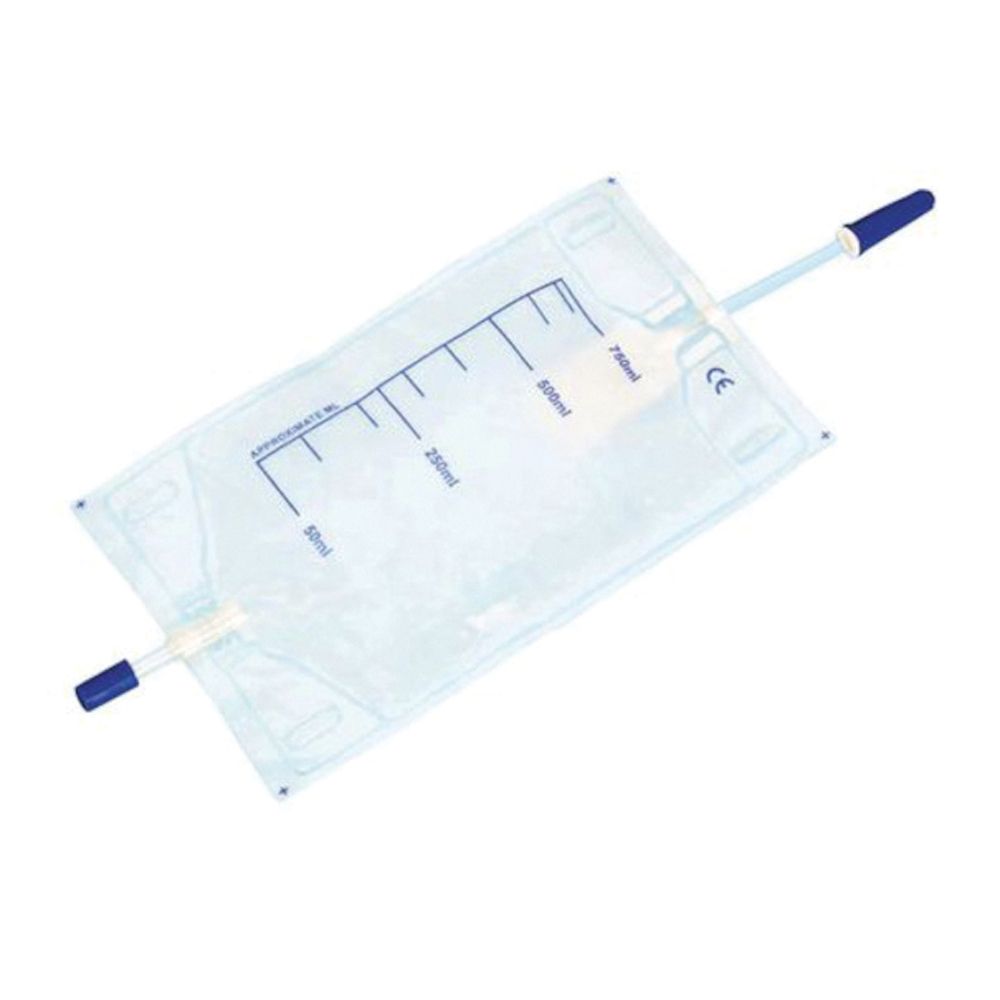 Sacca Per Urina Da Gamba Pvc Con Tubo Raccordo 10 Cm Per Collegamento Coscia Capacita' 750 Ml Valvola Antireflusso 30 Pezzi