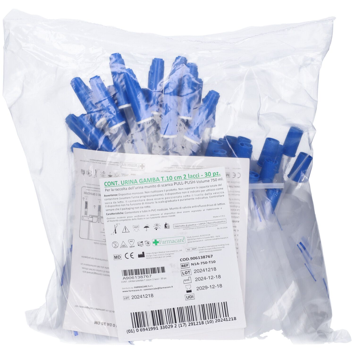 Confezione con più sacche da gamba. Connessioni blu. Etichetta con informazioni e lotto.