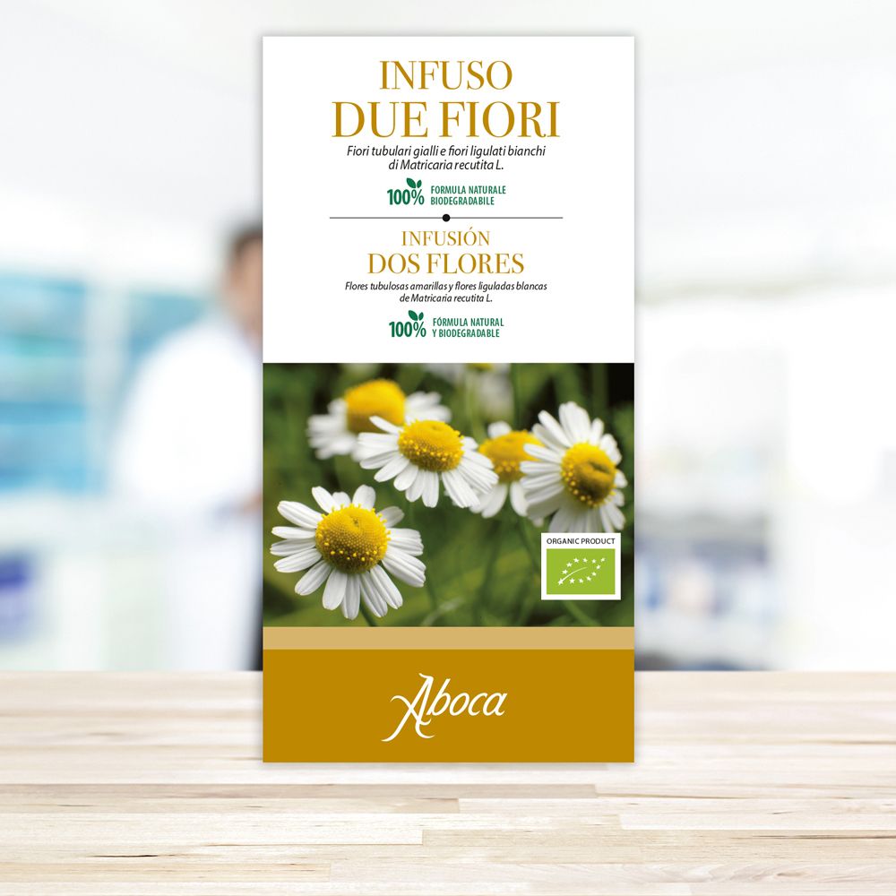 Confezione verticale con stampa. Scritta "Infuso Due Fiori". Immagine di fiori di camomilla. Marchio "Aboca". Certificazione biologica.