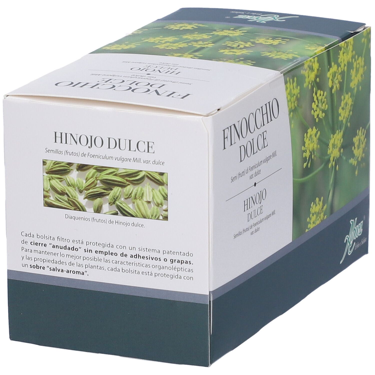 Scatola Finocchio Dolce, logo Aboca. Illustrazione di semi di finocchio. Testo in italiano. Metodo di chiusura brevettato.