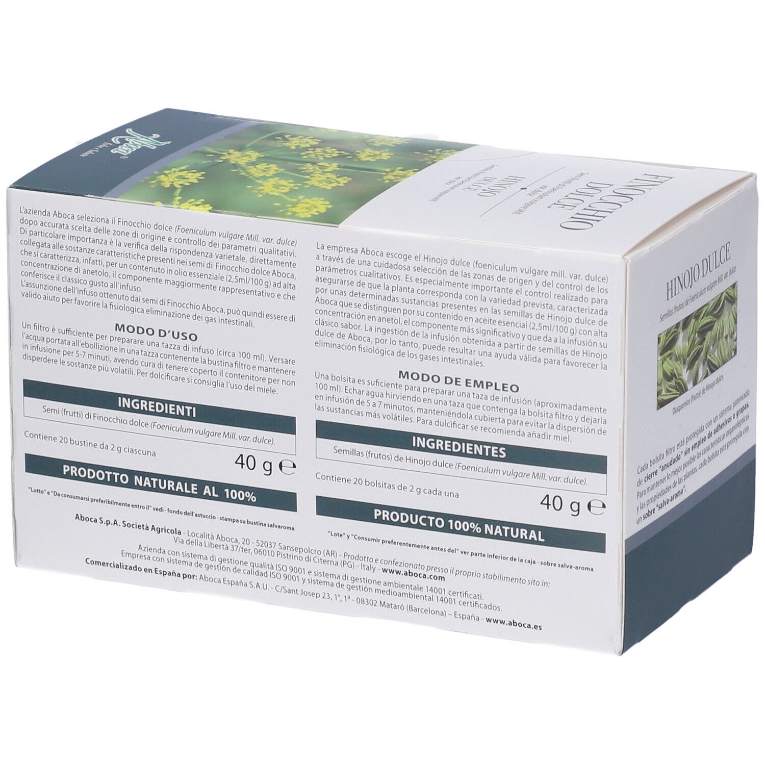 Scatola Finocchio Dolce, logo Aboca. Testo con ingredienti e modo d'uso. 20 bustine, 40g.