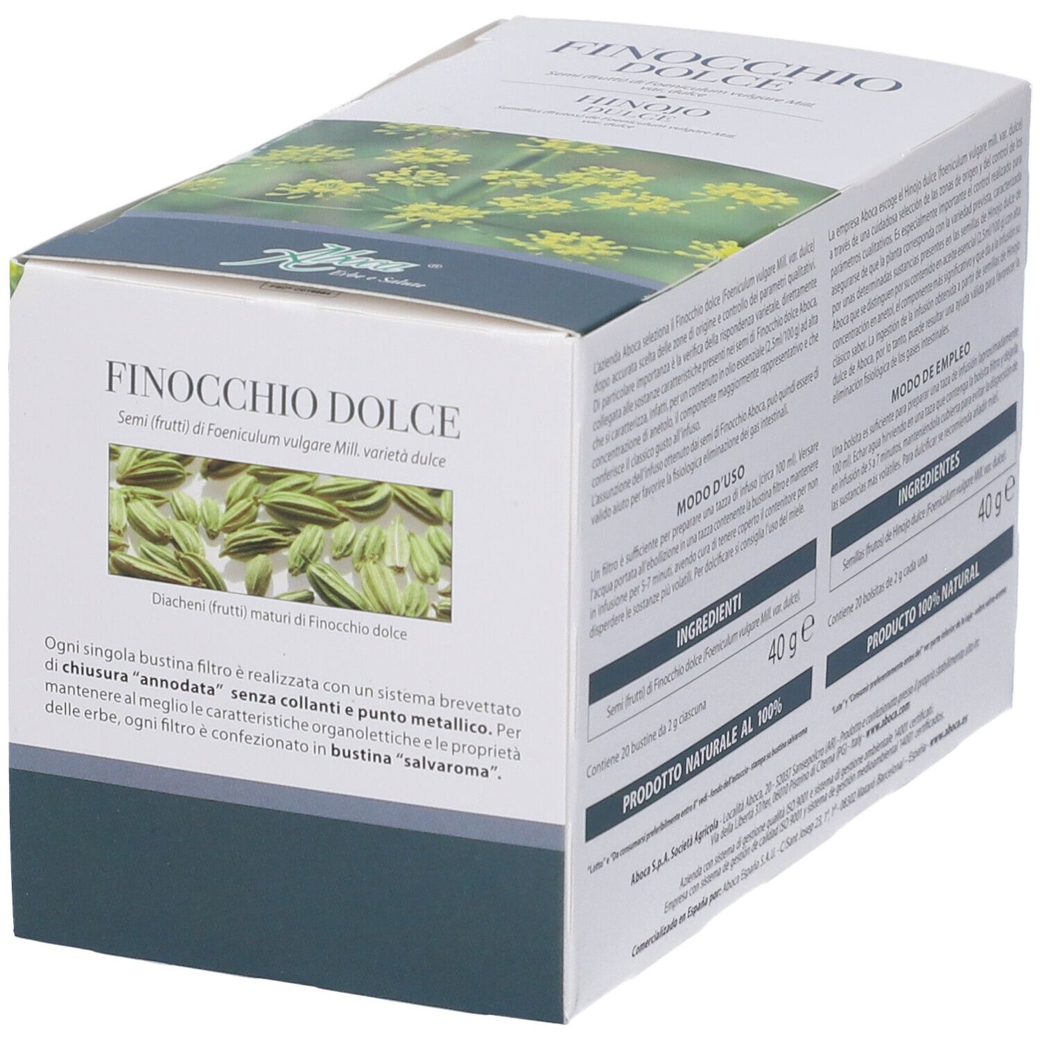 Scatola Finocchio Dolce, logo Aboca. Testo con ingredienti e modo d'uso. 20 bustine, 40g.