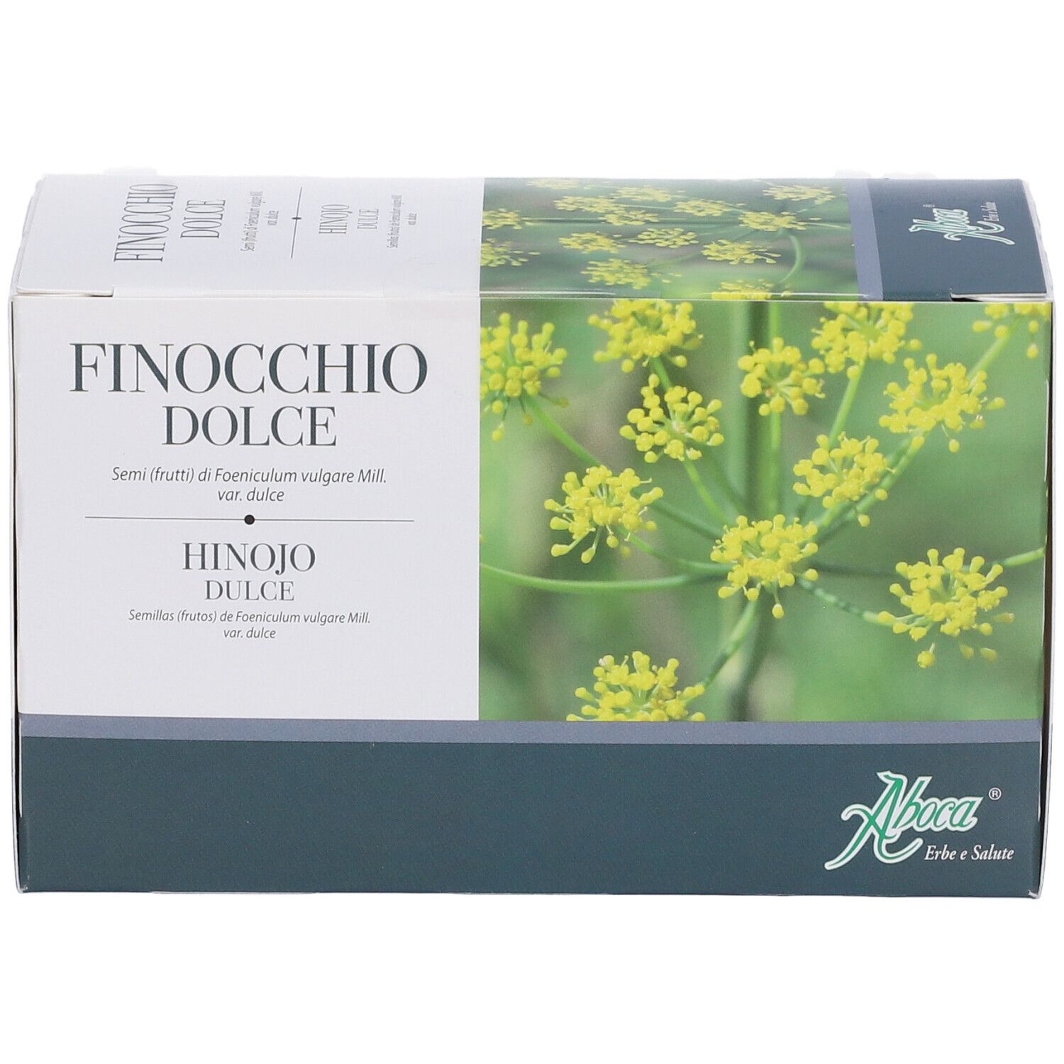 Scatola Finocchio Dolce, logo Aboca. Illustrazione di fiori di finocchio. Testo in italiano e spagnolo.