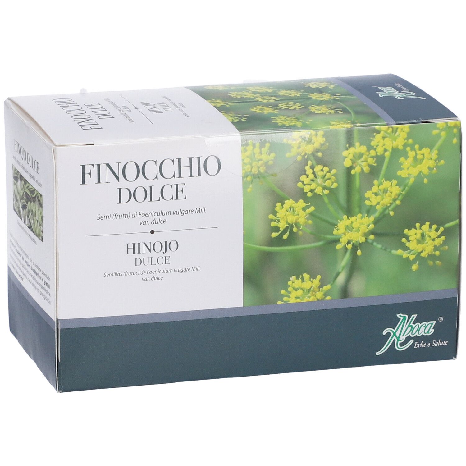 Scatola Finocchio Dolce, logo Aboca. Illustrazione di fiori di finocchio. Testo in italiano e spagnolo.