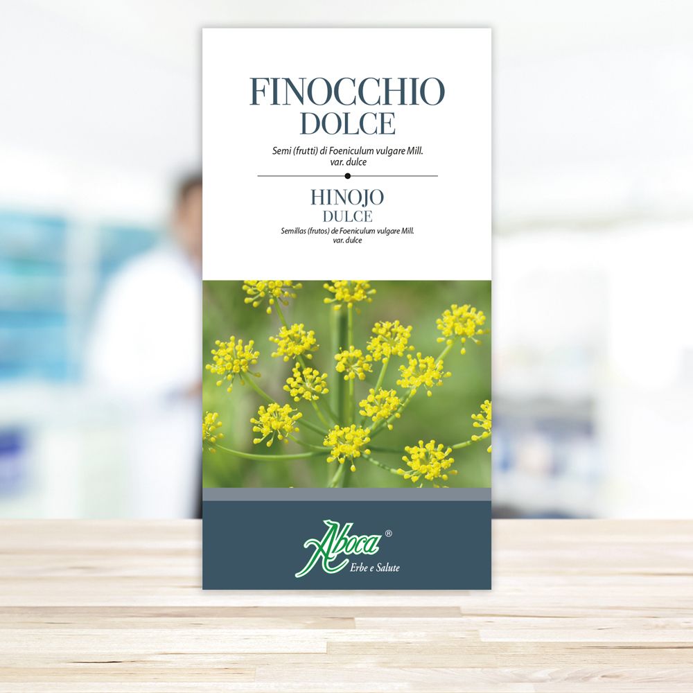Confezione del prodotto Finocchio Dolce. Logo Aboca. Sfondo sfocato.