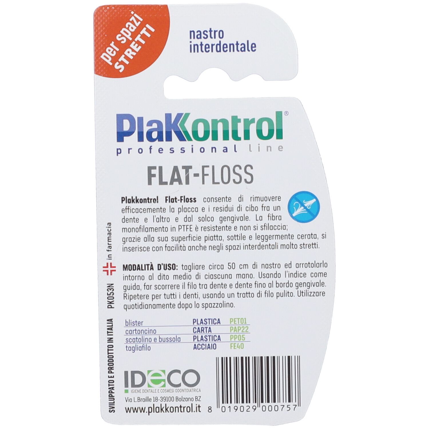 Retro della confezione del filo interdentale PlaKontrol Flat-Floss con informazioni sul prodotto.
