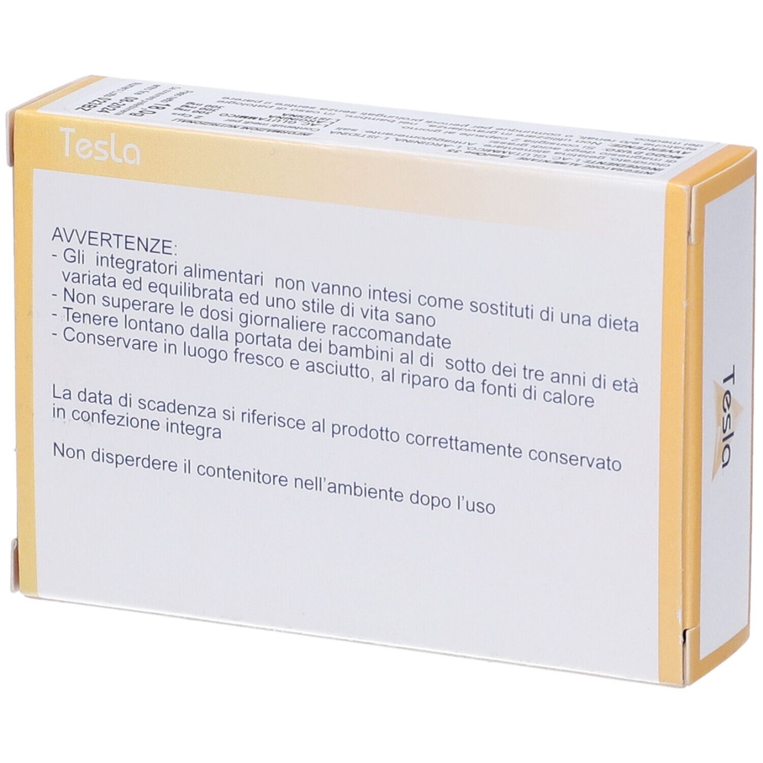 Retro scatola "AmiOne 35". Testo: avvertenze, scadenza, istruzioni smaltimento. Marchio: "Tesla".