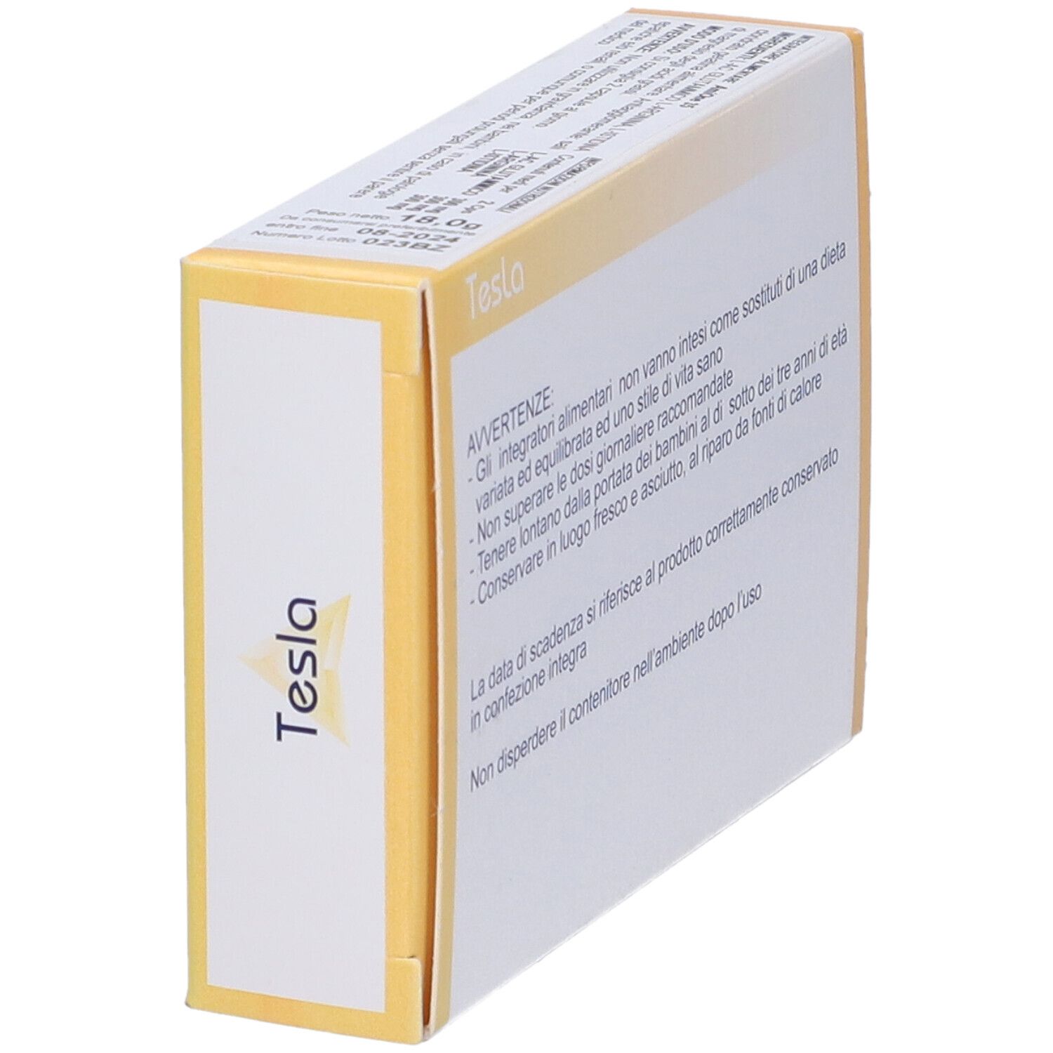 Scatola "AmiOne 35". Testo: avvertenze, scadenza, istruzioni smaltimento. Marchio: "Tesla".