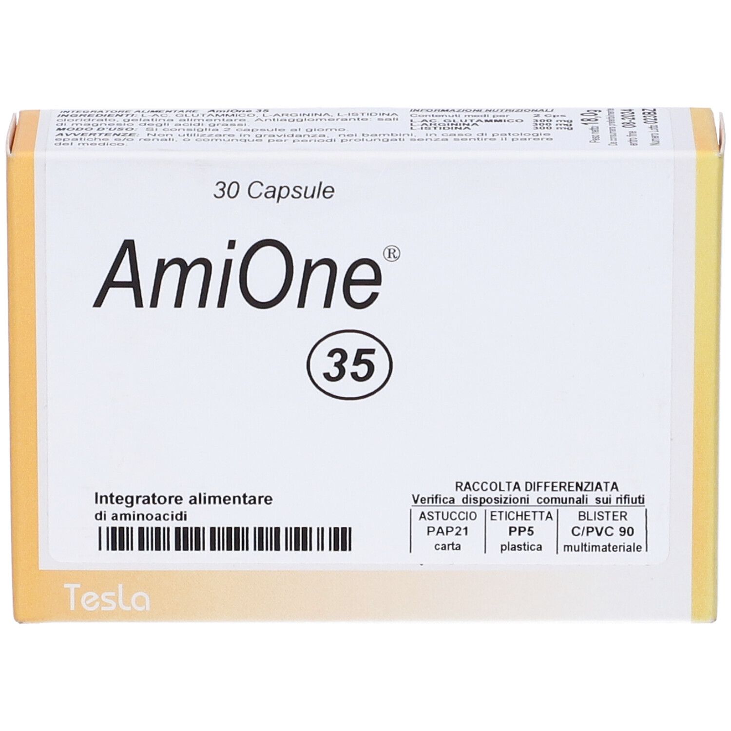 Scatola "AmiOne 35" con 30 capsule. Scritto: "Integratore alimentare di aminoacidi". Marchio: "Tesla".