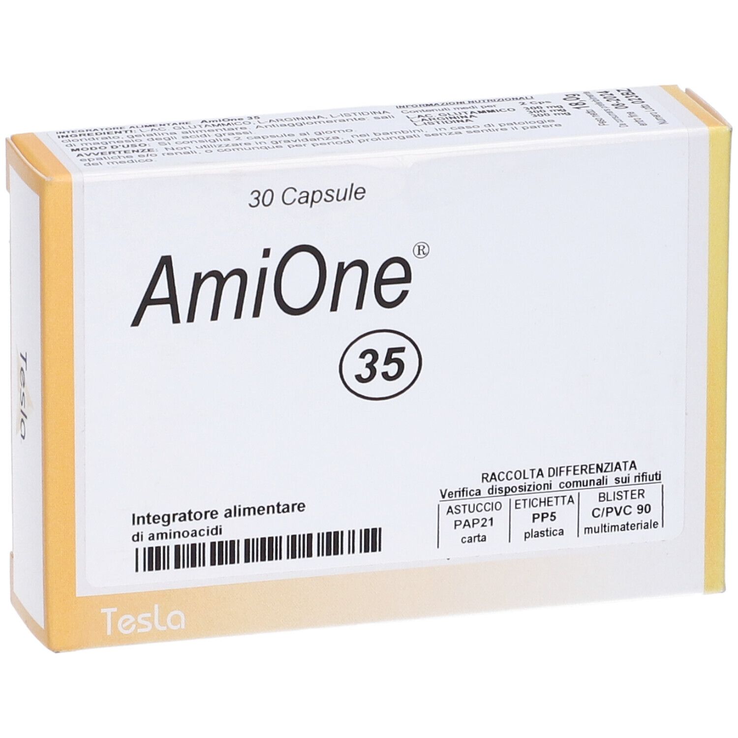 Scatola "AmiOne 35" con 30 capsule. Scritto: "Integratore alimentare di aminoacidi". Marchio: "Tesla".